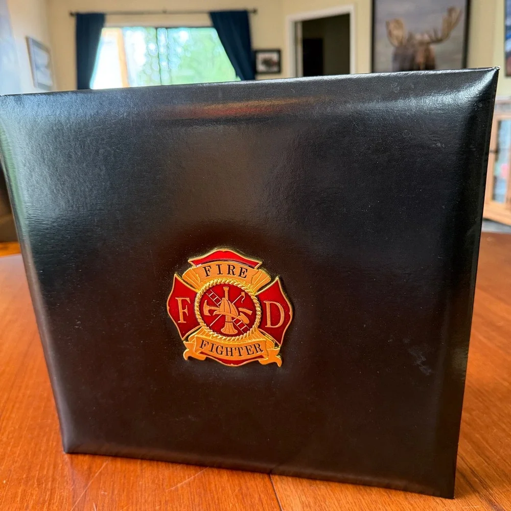 Fire Fighter Black Faux Leather Photo Album Scrapbook Maltese Cross Emblem FD